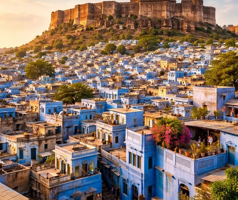 Jodhpur Blue City in Rajasthan showcasing rows of blue-painted houses and narrow streets with Mehrangarh Fort towering above, captured in warm daylight with vibrant colors and detailed cityscape.