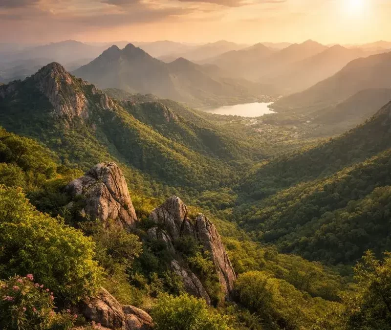 Aravalli Mountains landscape in Rajasthan with green hills, rocky peaks, and a serene valley view