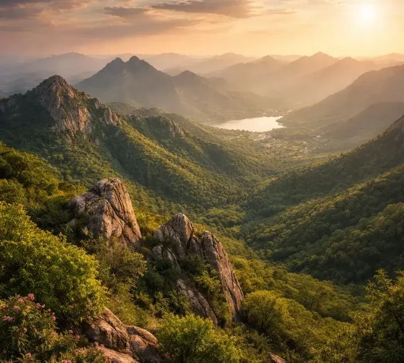 Aravalli Mountains landscape in Rajasthan with green hills, rocky peaks, and a serene valley view