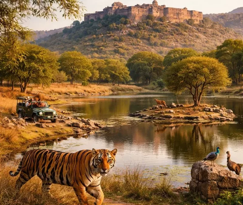 Ranthambore National Park in Rajasthan featuring a Bengal tiger walking near a waterbody, safari jeep in the background, lush forest landscape, birds, and Ranthambore Fort on a hill under warm golden light.