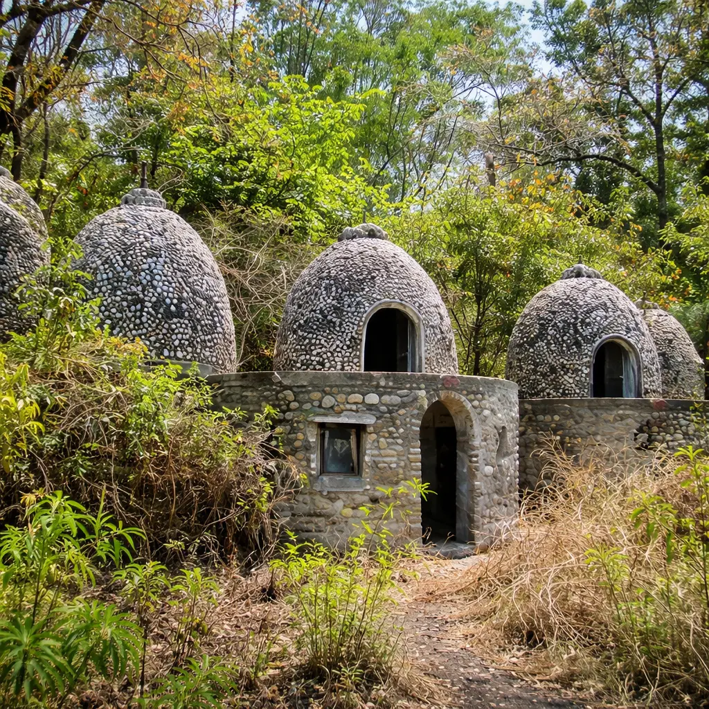Beatles Ashram in Rishikesh, also known as Chaurasi Kutia, featuring meditation domes, graffiti art, and tranquil forest surroundings