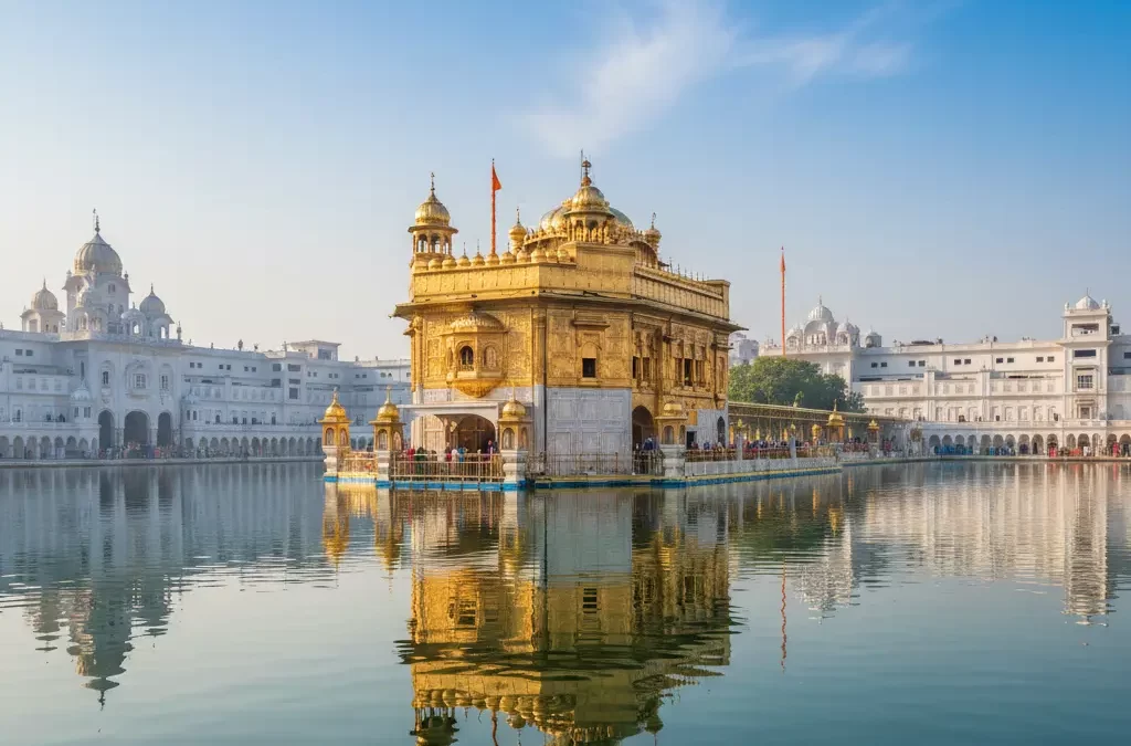 A hyper-realistic photograph of the Golden Temple (Harmandir Sahib) in Amritsar at sunrise. The golden architecture is perfectly centered and reflected in the calm Amrit Sarovar water under a clear morning sky.