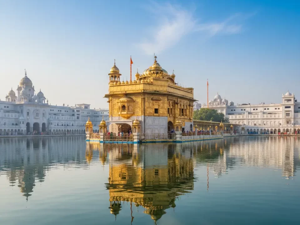 A hyper-realistic photograph of the Golden Temple (Harmandir Sahib) in Amritsar at sunrise. The golden architecture is perfectly centered and reflected in the calm Amrit Sarovar water under a clear morning sky.
