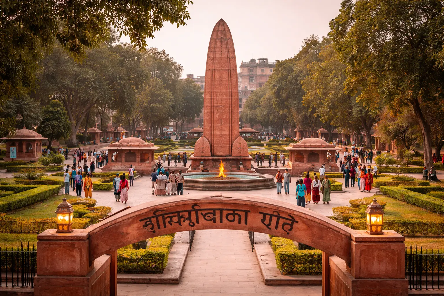 Jallianwala Bagh memorial in Amritsar, India, showing the central red sandstone monument, gardens, and visitors paying respects in a serene and historical setting.