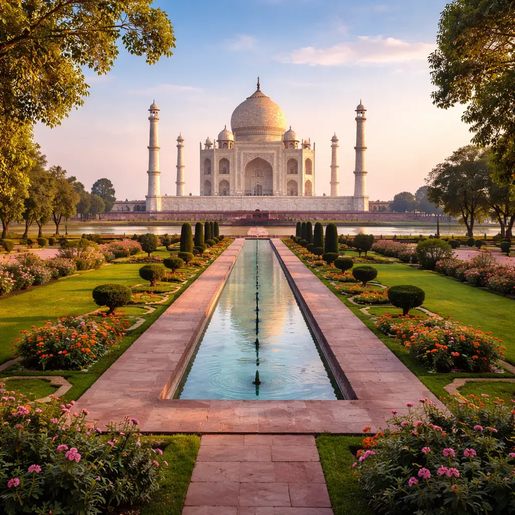 Serene sunset at Mehtab Bagh showcasing Mughal architecture and landscaping with the Taj Mahal reflection