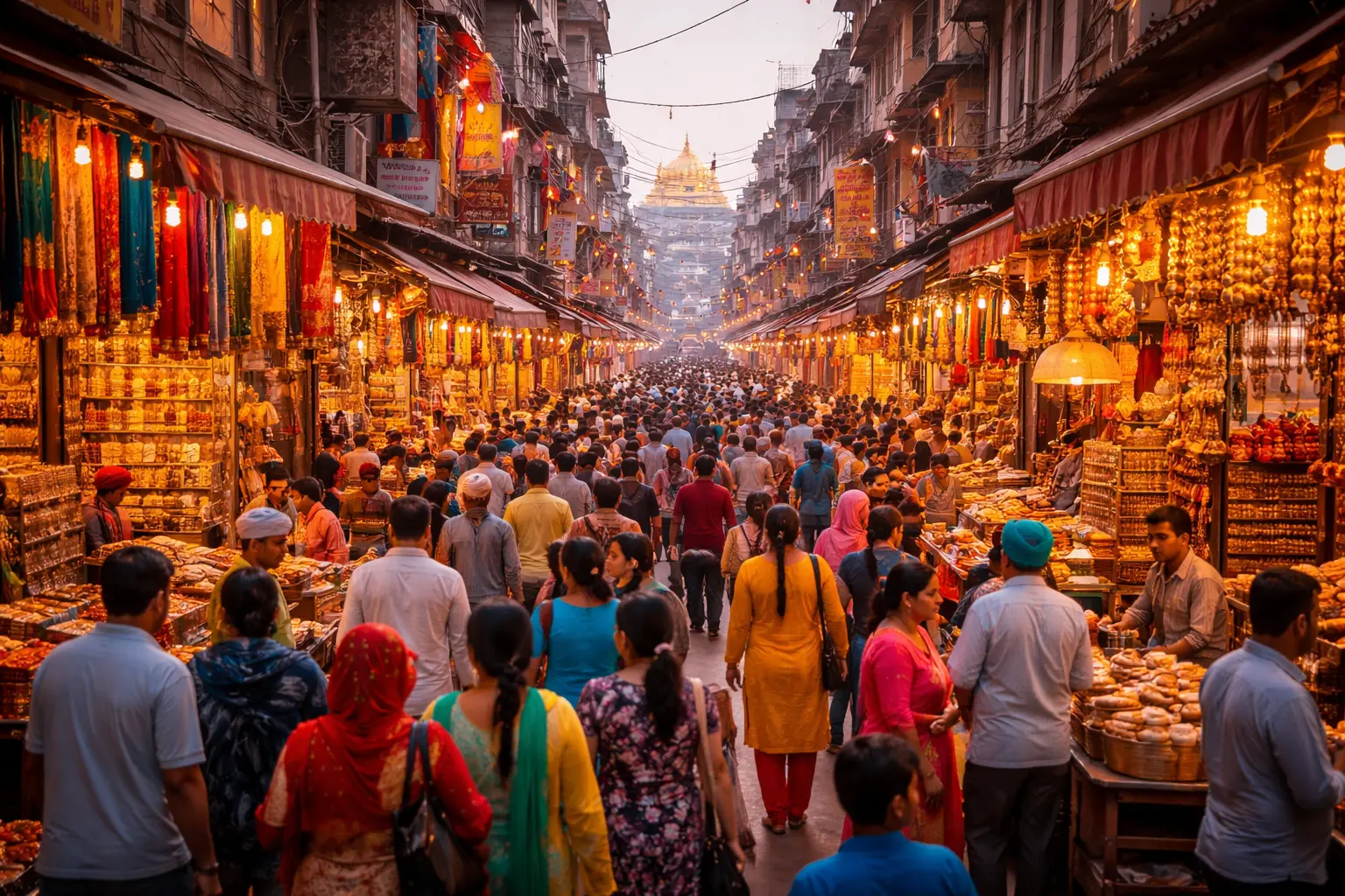 Bustling shopping market in Amritsar, India, with colorful shops, street vendors, and people shopping amidst vibrant street life and traditional Indian signage.