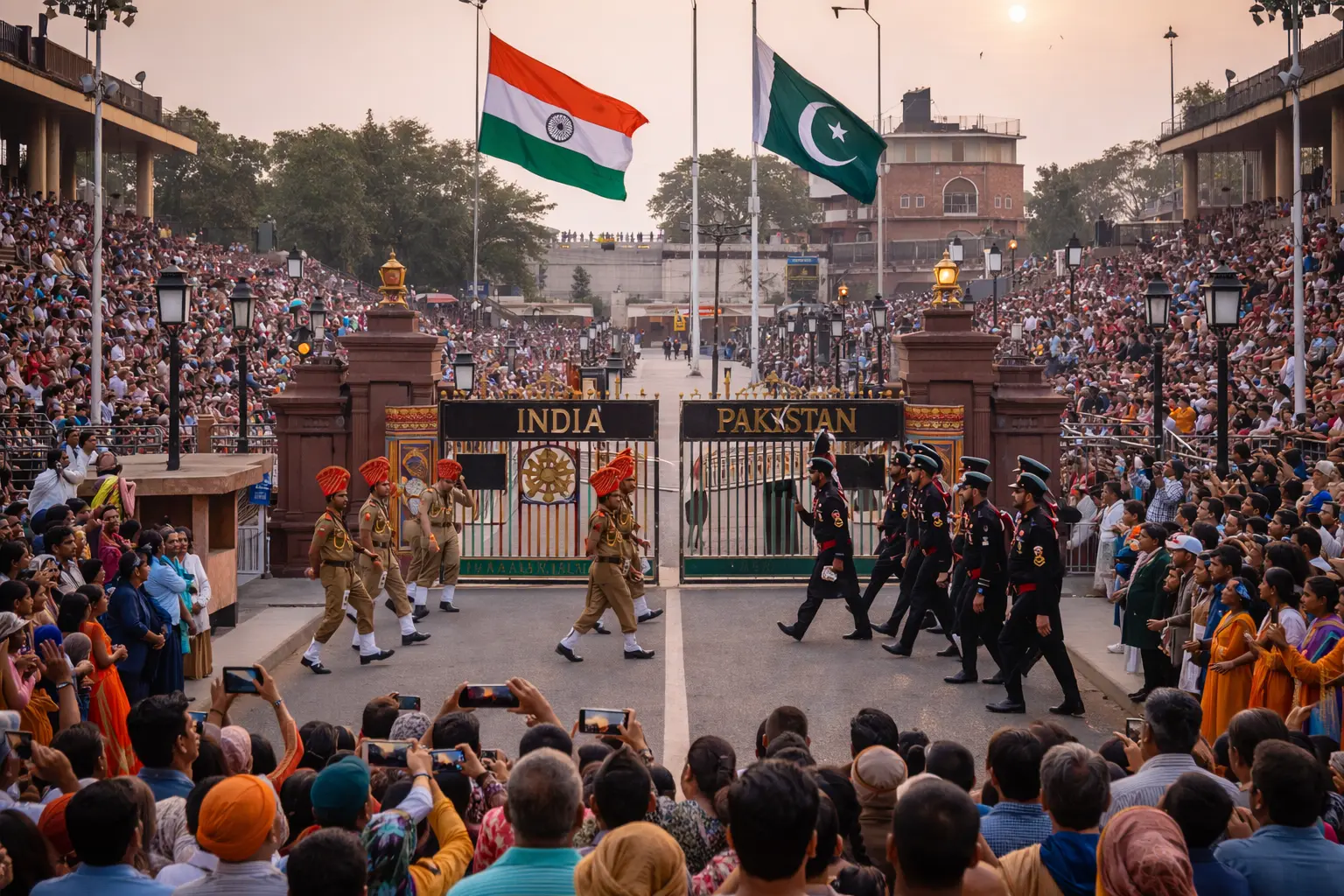 Wagah Border ceremony between India and Pakistan, showing soldiers performing the Beating Retreat drill, crowds waving national flags, and the open parade ground under clear skies.