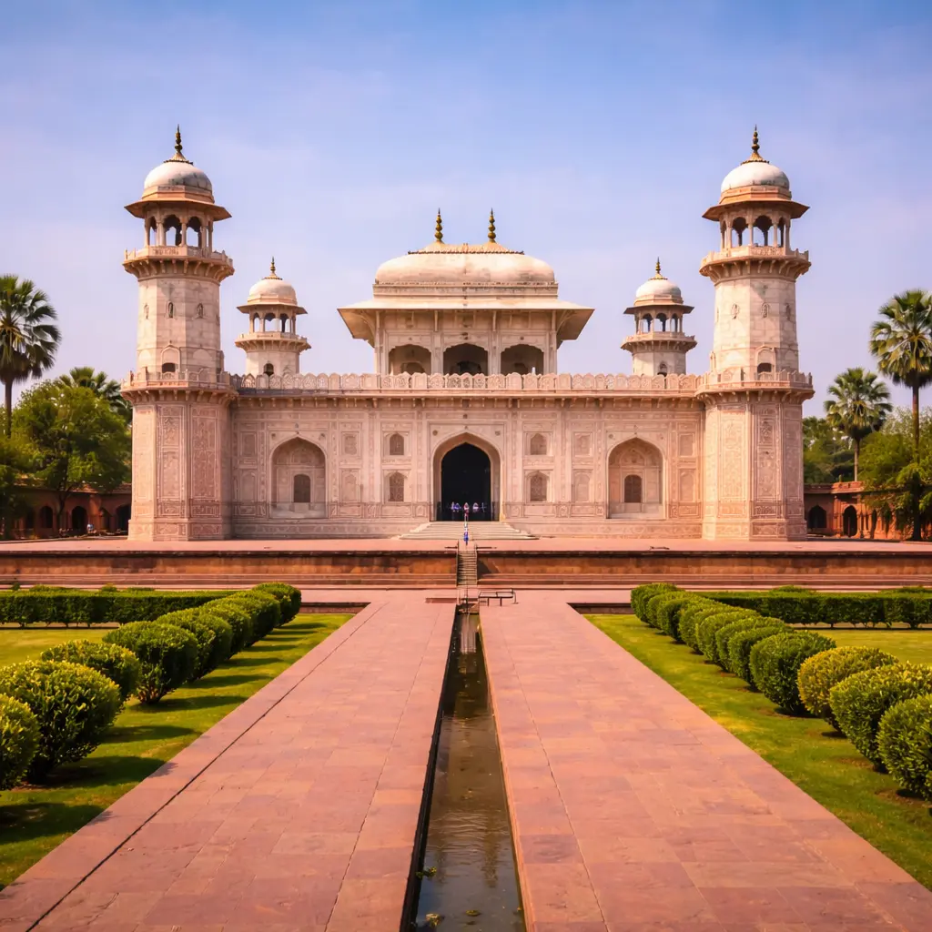 Front view of Itimad-ud-Daulah’s Tomb (Baby Taj) in Agra, featuring white marble architecture, intricate inlay work, symmetrical gardens, and four minarets under a clear blue sky.