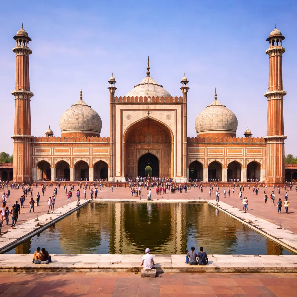 Jama Masjid in Agra, India, a historic Mughal mosque known for red sandstone architecture and grand domes