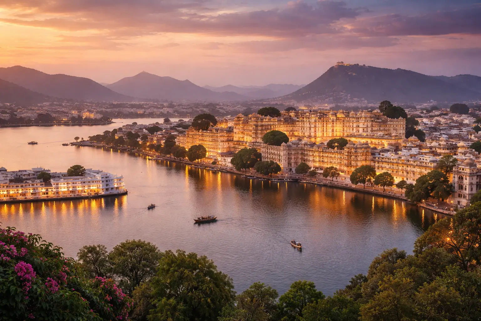 “Udaipur city palace and Lake Pichola at sunset with Aravalli hills in background”