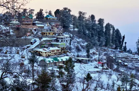 “Scenic view of Kufri Shimla featuring Himalayan peaks, green valleys, and winding roads”