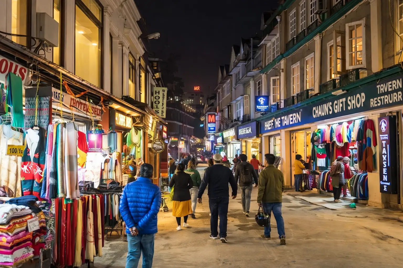 Crowded Mall Road in Mussoorie with illuminated stores and street shopping
