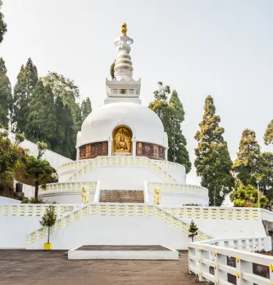 Japanese Peace Pagoda Darjeeling white Buddhist stupa on Jalapahar HilL